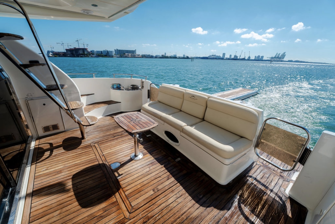 Teak aft deck and lounge aboard Samba Soul on Biscayne Bay